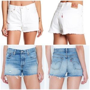 Two Levi's 501 white and blue denim shorts
